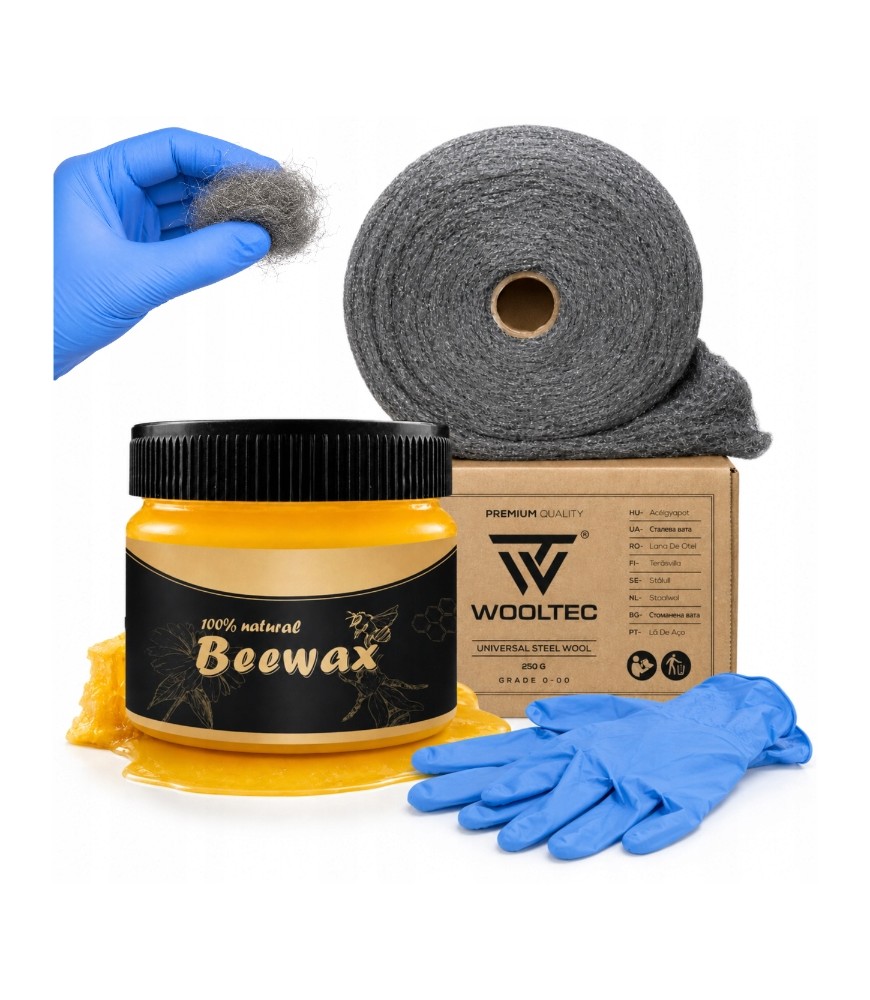 Zestaw do Polerowania Drewna Podłóg Mebli Wosk BeeWax + Wełna Stalowa 250g + Para Rękawiczek Nitrylowych GRATIS!